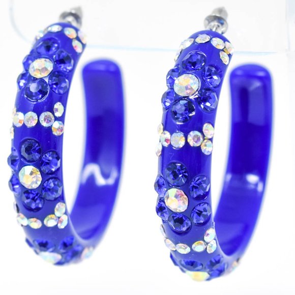 2" Flower Pattern Royal Lucite Rhinestone Earrings - Picture 1 of 12